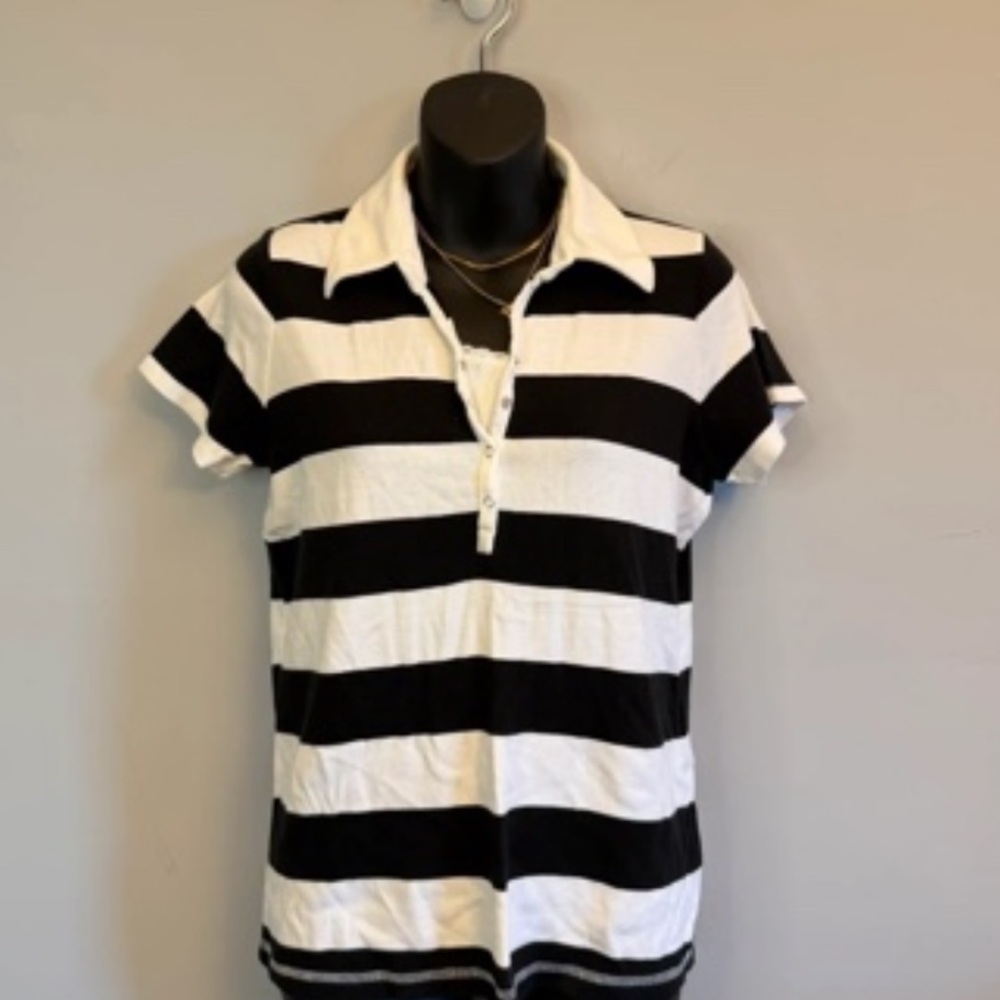 Women's Black and White Striped Button-Down Polo Shirt